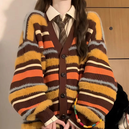 Women's Loose Contrast Color Striped V-neck Sweater Cardigan Coat