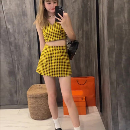 CHECK V-NECK VEST SUIT SKIRT