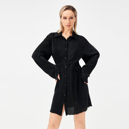 Casual Pleated Loose Shirt Tie Skirt