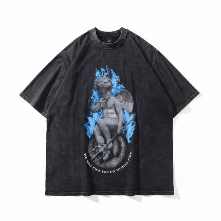 TKPA American Style Hip Hop Retro Washed And Worn Angel Print Short Sleeve