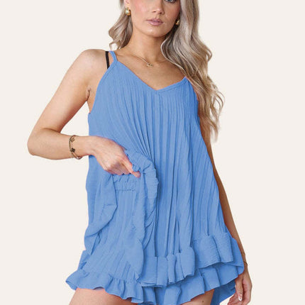 Cami Pleated Frill Hem Top & Matching Frill Shorts Co-Ord Set