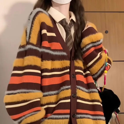 Women's Loose Contrast Color Striped V-neck Sweater Cardigan Coat