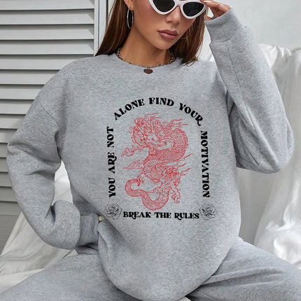 Women Basic Casual Pullover Spring Autumn Long Sleeve Chinese Style Dragon Print  Round Neck