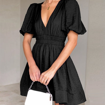 European And American Elegant Dress Sweet Waist Trimming Dress V-Neck Lantern Sleeve Dress Women's Summer Sun Dresses Evening Dress