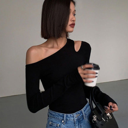 Women's Black Sexy One-shoulder Crossbody Bottoming Shirt