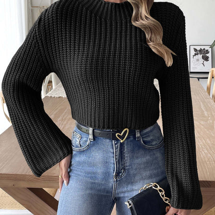 Women's Short Navel Woven Bell Sleeve Half Turtleneck Pullover