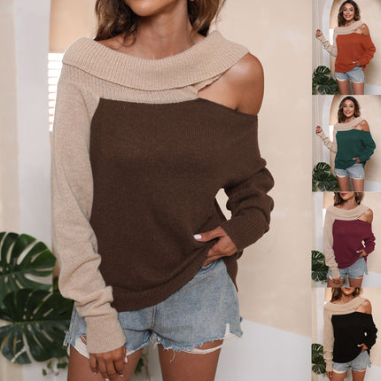European And American Sexy Shoulder-baring Sweater Irregular Lapel Color Contrast Patchwork