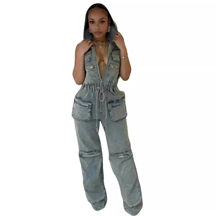 Casual Stretch Nostalgic Hooded One-piece Overalls