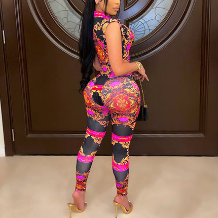 Sexy V-Neck Tight-Fitting Digital Positioning Printing Two-Piece Suit