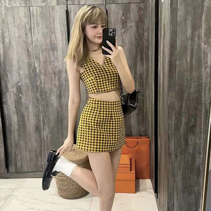 CHECK V-NECK VEST SUIT SKIRT