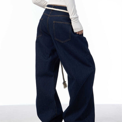 Washed Black Loose Straight Wide Leg White Stitching Jeans