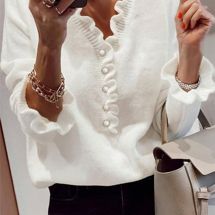 Winter V-neck Ruffled Knitted Sweater Fashion Pullover Long-sleeved Tops For Women