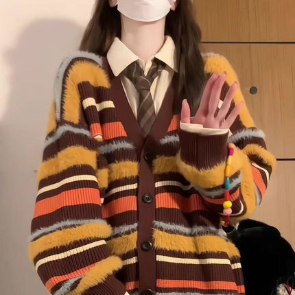 Women's Loose Contrast Color Striped V-neck Sweater Cardigan Coat