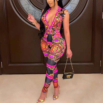 Sexy V-Neck Tight-Fitting Digital Positioning Printing Two-Piece Suit