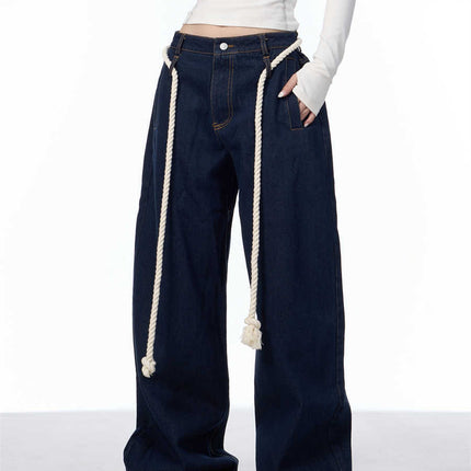 Washed Black Loose Straight Wide Leg White Stitching Jeans