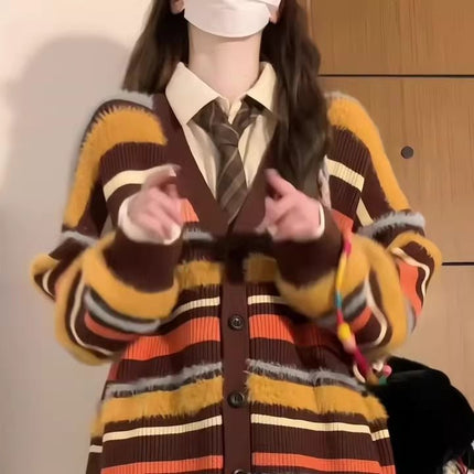 Women's Loose Contrast Color Striped V-neck Sweater Cardigan Coat