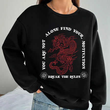 Women Basic Casual Pullover Spring Autumn Long Sleeve Chinese Style Dragon Print  Round Neck