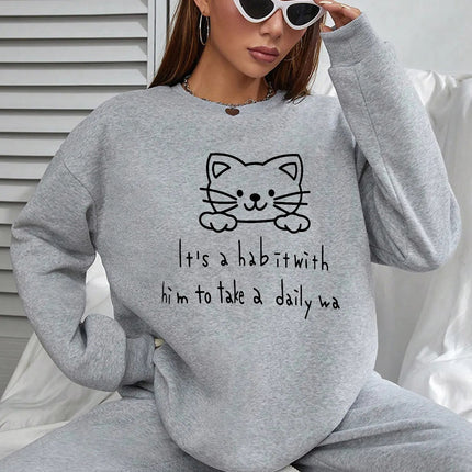 Women Basic Casual Pullover Spring Autumn Long Sleeve Kitten Sketch Printed Round Neck