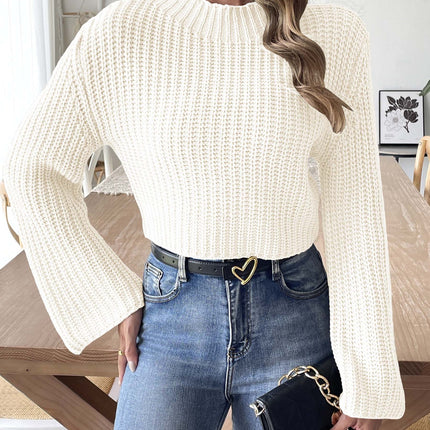 Women's Short Navel Woven Bell Sleeve Half Turtleneck Pullover