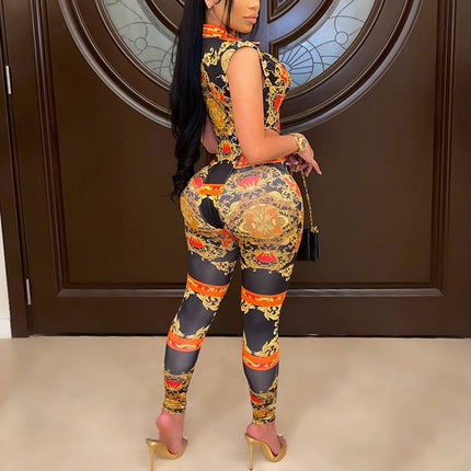 Sexy V-Neck Tight-Fitting Digital Positioning Printing Two-Piece Suit