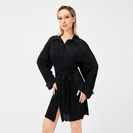 Casual Pleated Loose Shirt Tie Skirt