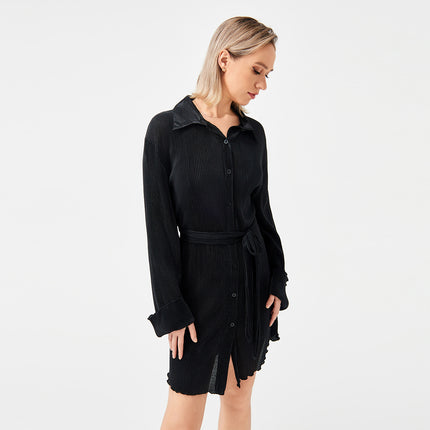 Casual Pleated Loose Shirt Tie Skirt