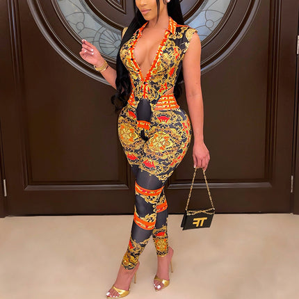 Sexy V-Neck Tight-Fitting Digital Positioning Printing Two-Piece Suit