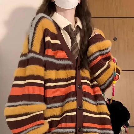 Women's Loose Contrast Color Striped V-neck Sweater Cardigan Coat
