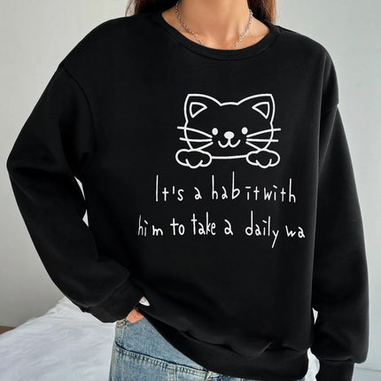 Women Basic Casual Pullover Spring Autumn Long Sleeve Kitten Sketch Printed Round Neck