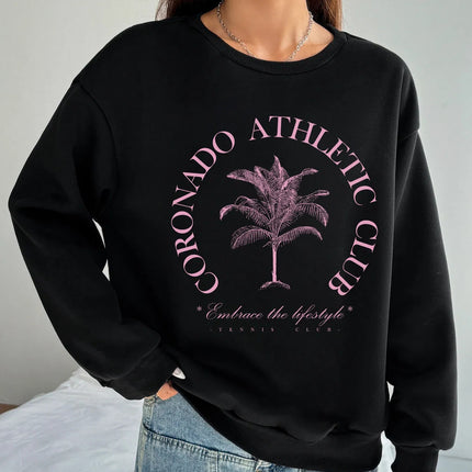 Women Basic Casual Pullover Spring Autumn Long Sleeve Green Plant Printed Round Neck