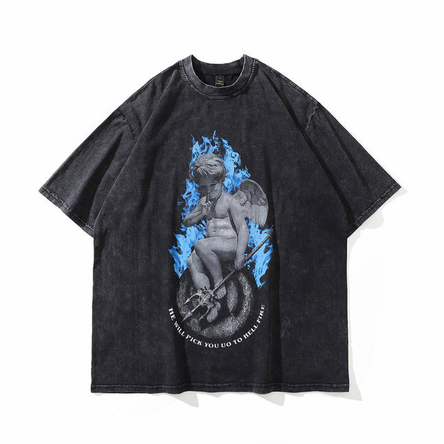 TKPA American Style Hip Hop Retro Washed And Worn Angel Print Short Sleeve