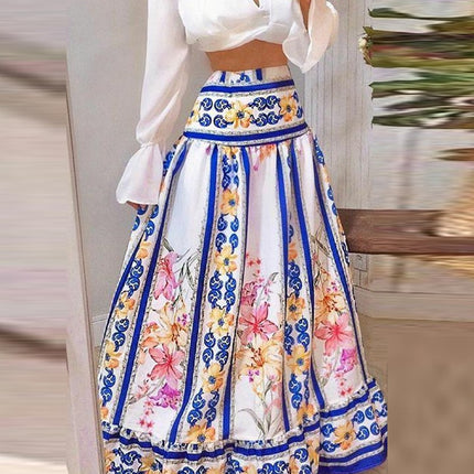 V-neck Short Flare Sleeve Top Printed Large Hem Skirt