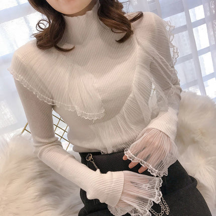 Women's Lace Patchwork Ruffled Sweater