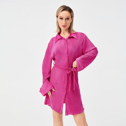 Casual Pleated Loose Shirt Tie Skirt