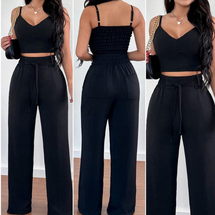 Women's Solid Color Slim Elastic Pleated Two-Piece Suit Sexy Spaghetti Strap V-neck Backless Vest High Waist Wide Leg Pants Suit