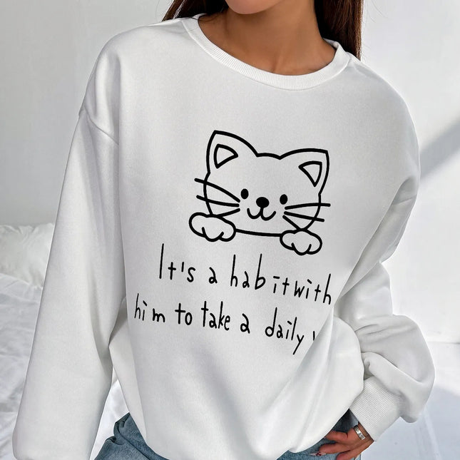 Women Basic Casual Pullover Spring Autumn Long Sleeve Kitten Sketch Printed Round Neck