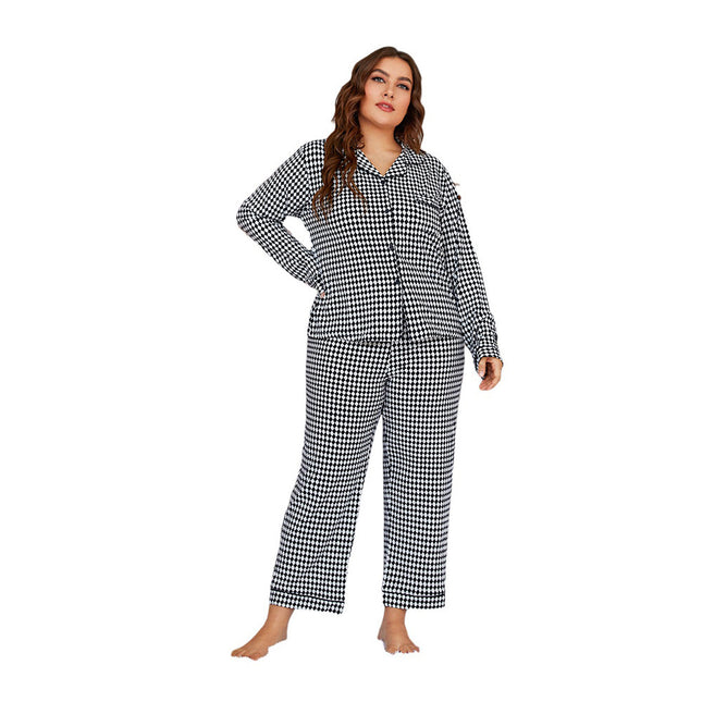 Women's Plaid Long Sleeve Trousers Autumn Winter Homewear Set
