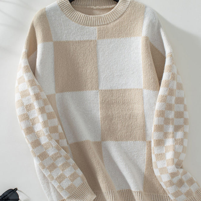 Autumn New Personality Slim Fit Color Matching Plaid Knitted Sweater