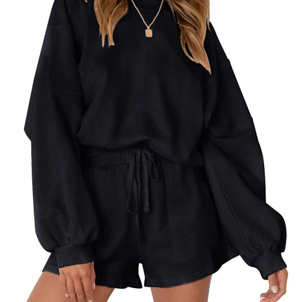 Casual Sports Sweatshirt Suits Loose Pullover Top And Drawstring Shorts Two-piece Set Womens Clothing