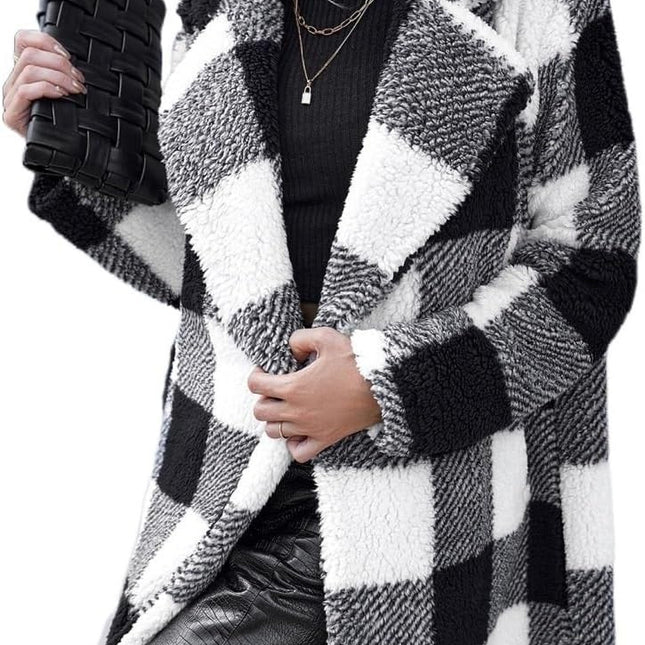 Women's Lapel Long Sleeve Non-buckle Plaid Long Coat