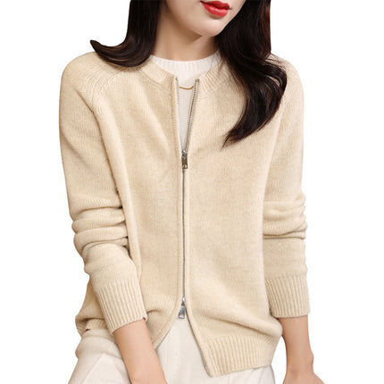 Autumn And Winter Pure Wool Cardigan Women's Round Neck Loose