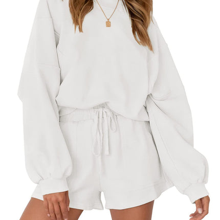 Casual Sports Sweatshirt Suits Loose Pullover Top And Drawstring Shorts Two-piece Set Womens Clothing