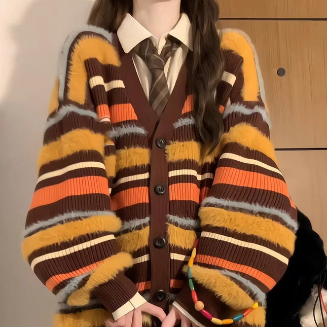 Women's Loose Contrast Color Striped V-neck Sweater Cardigan Coat
