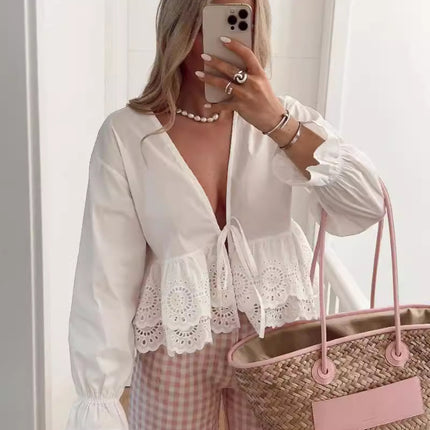 Deep V-neck Long Sleeve Shirt Top
