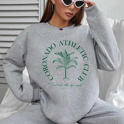 Women Basic Casual Pullover Spring Autumn Long Sleeve Green Plant Printed Round Neck
