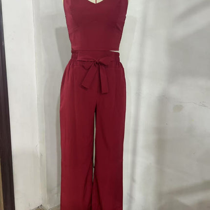 Women's Solid Color Slim Elastic Pleated Two-Piece Suit Sexy Spaghetti Strap V-neck Backless Vest High Waist Wide Leg Pants Suit