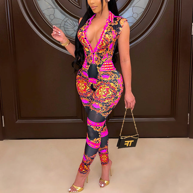 Sexy V-Neck Tight-Fitting Digital Positioning Printing Two-Piece Suit