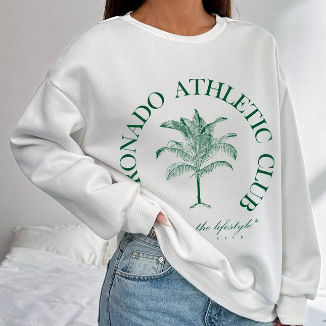 Women Basic Casual Pullover Spring Autumn Long Sleeve Green Plant Printed Round Neck