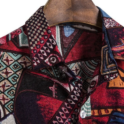 African ethnic linen print short-sleeved shirt men