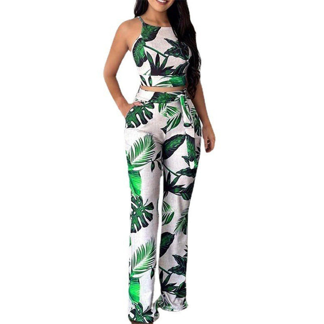 Two-piece Cropped Printed Vest High-waisted Wide-leg Pants